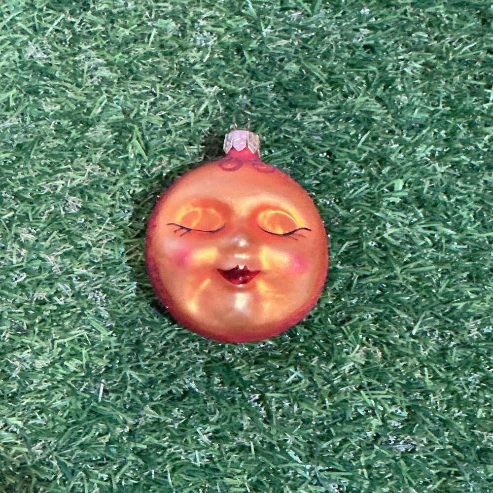 Vintage Hand Painted Glass Moon Face Christmas Ornament Celestial 3” Glitter